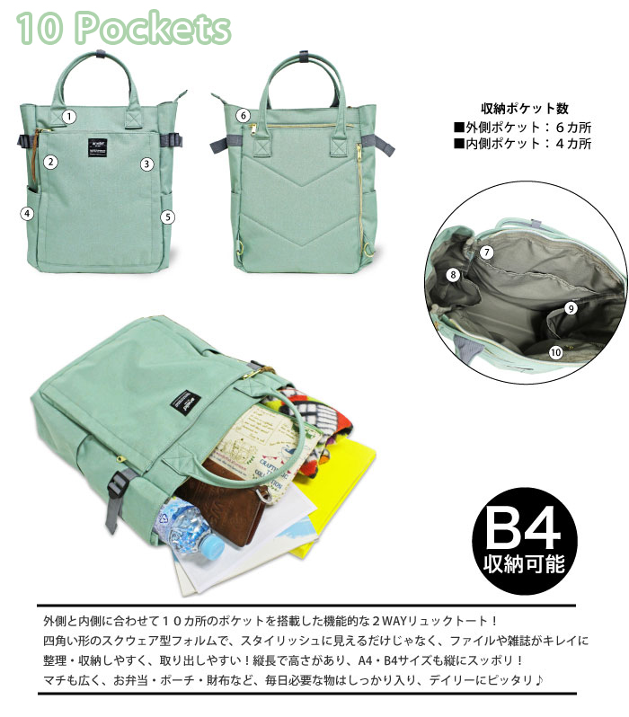 Japan Anello Polyester 10 Pocket 2 Way Tote Backpack Rucksack AT-C1225